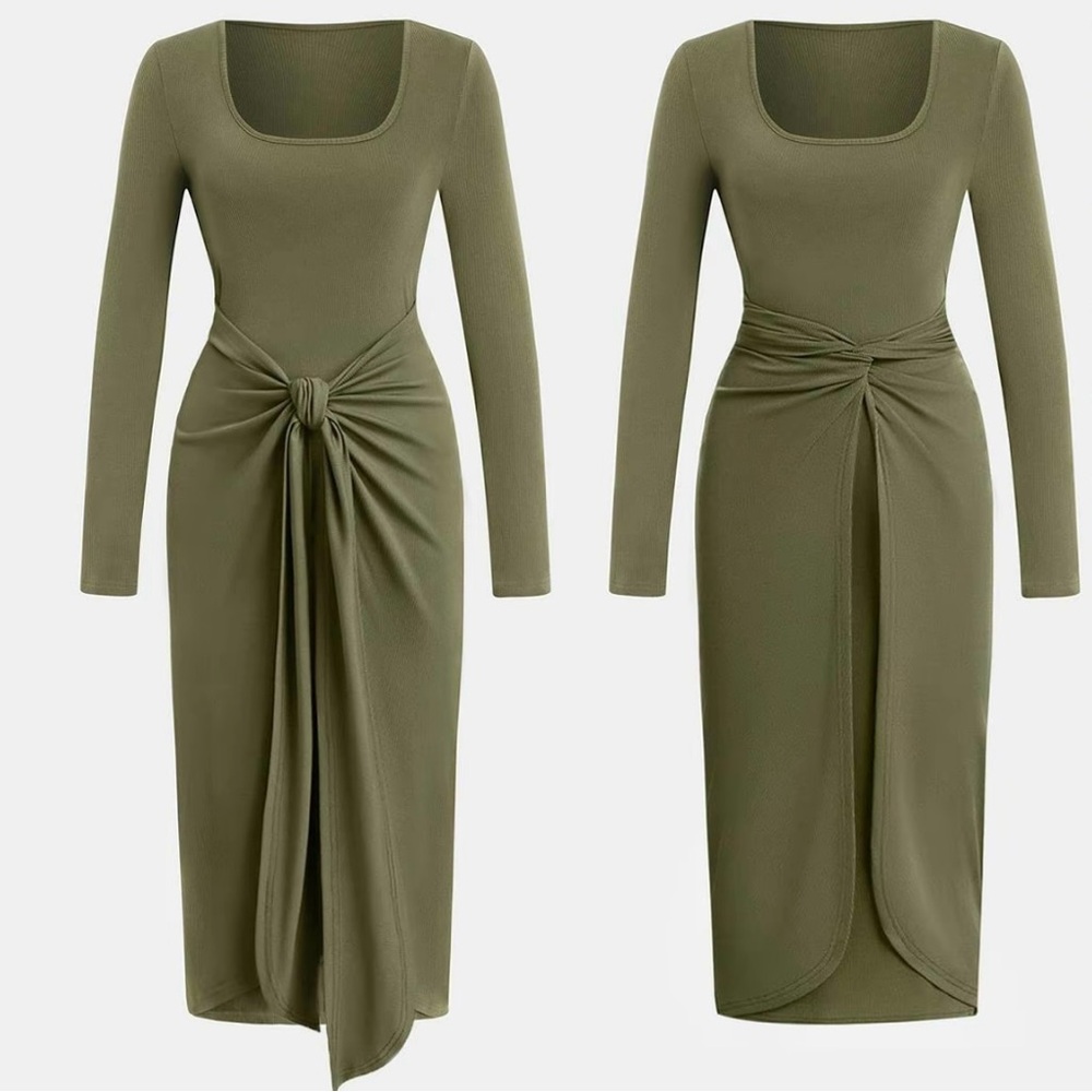 Women's Solid Color Twist Front Ribbed Wrap Dress XL Army Green, Wear 2 Ways
